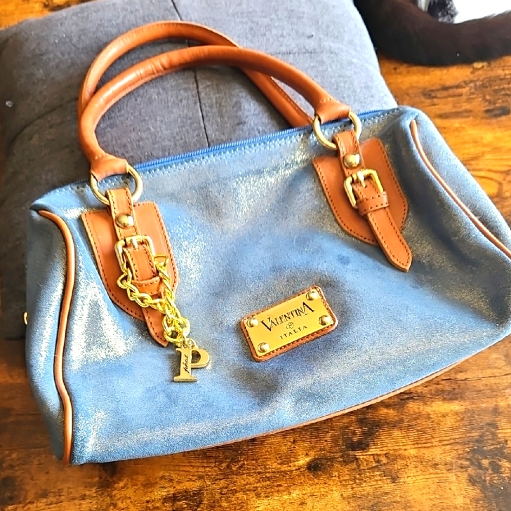 Vintage Y2K Valentina Italian Leather Blue Sparkly Shoulder Bag w Gold Hardware
